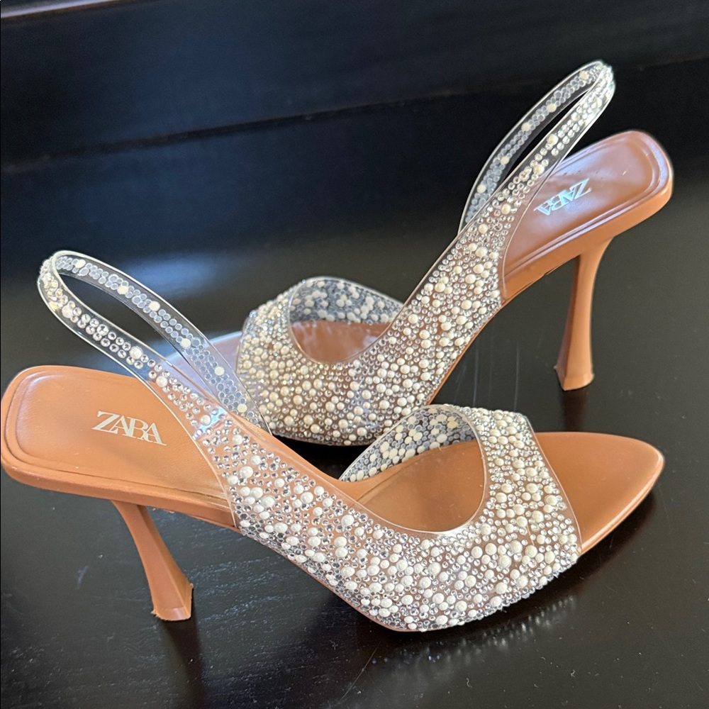 Zara Tan and Silver/ pearl Embellished Heels